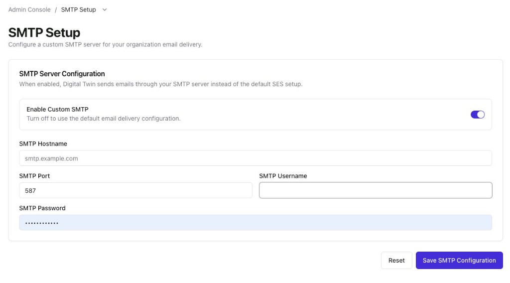 SMTP Setup page in the Admin Console