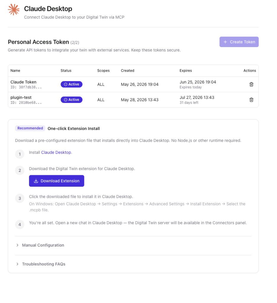 Claude Desktop setup: Personal Access Token list and one-click extension install steps