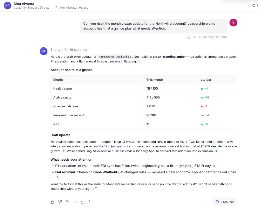 Account health: a prompt for a customer update and the Twin's drafted executive-ready summary with recent developments and risks