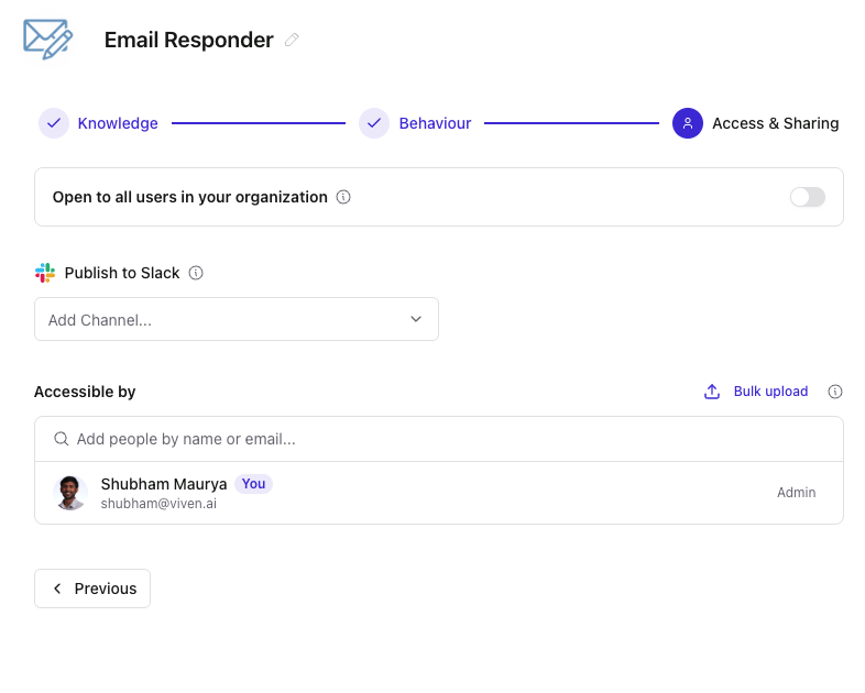 Access &amp; Sharing step — org access, Slack, and user list