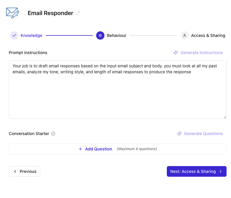 Behaviour step — prompt instructions and conversation starters