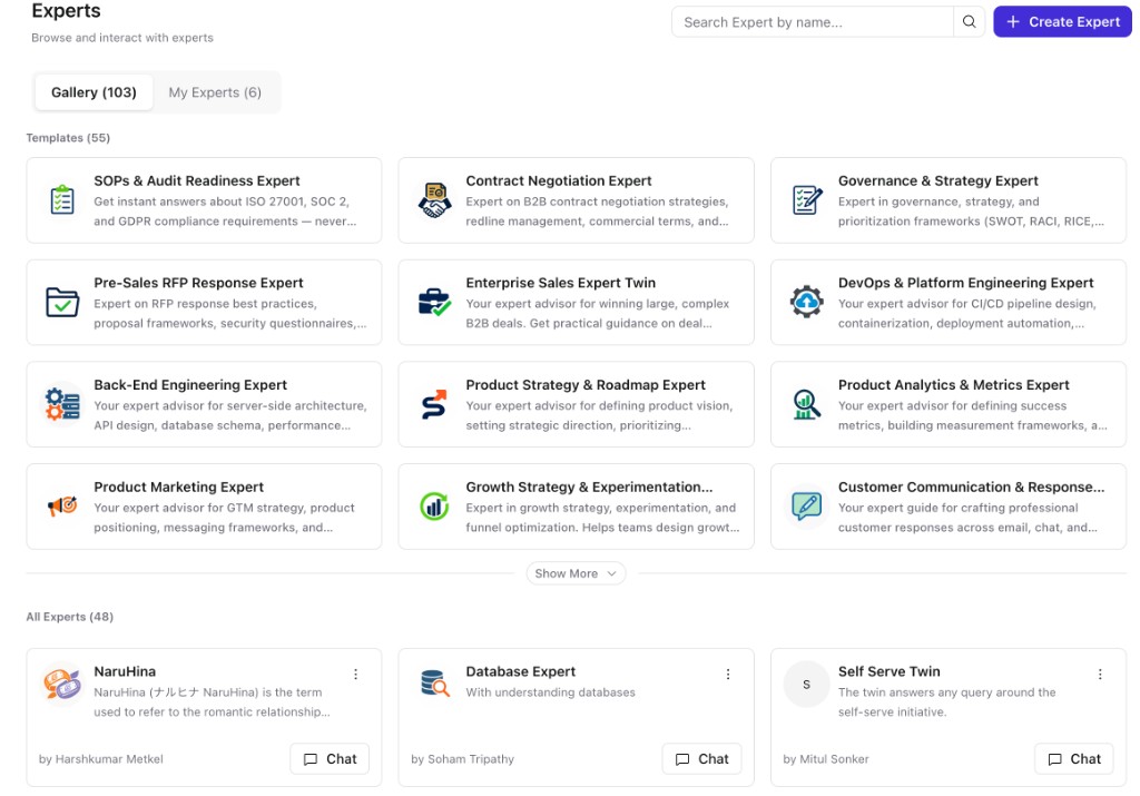 Experts page — Gallery, templates, and Create Expert