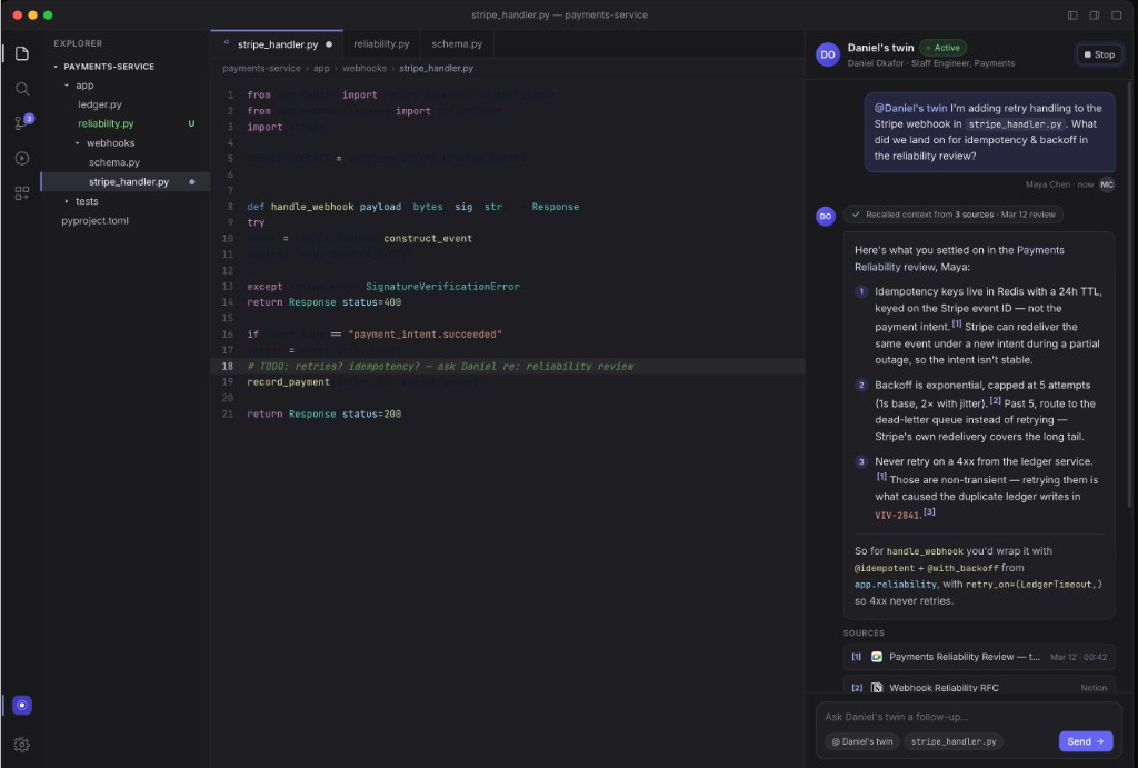 Digital Twin in Cursor: a developer asking their Twin for internal API context directly inside the IDE