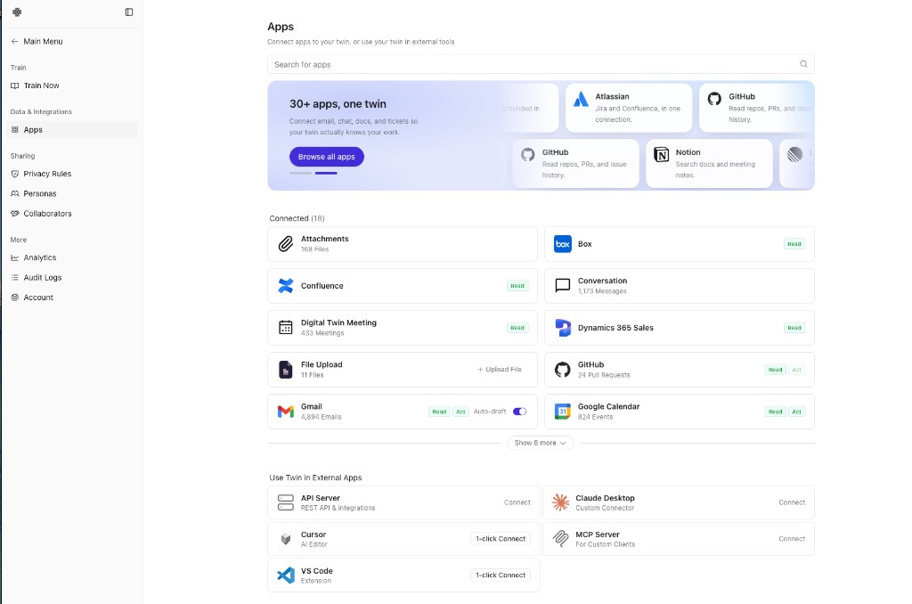 Apps page showing Use Twin in External Apps: API Server, Claude Desktop, Cursor, MCP Server, and VS Code