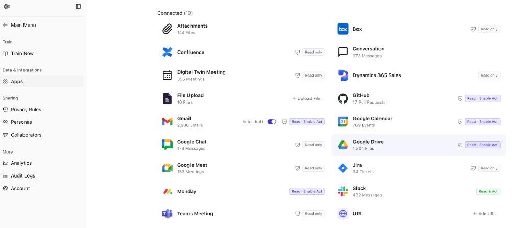 Apps page — connected knowledge sources