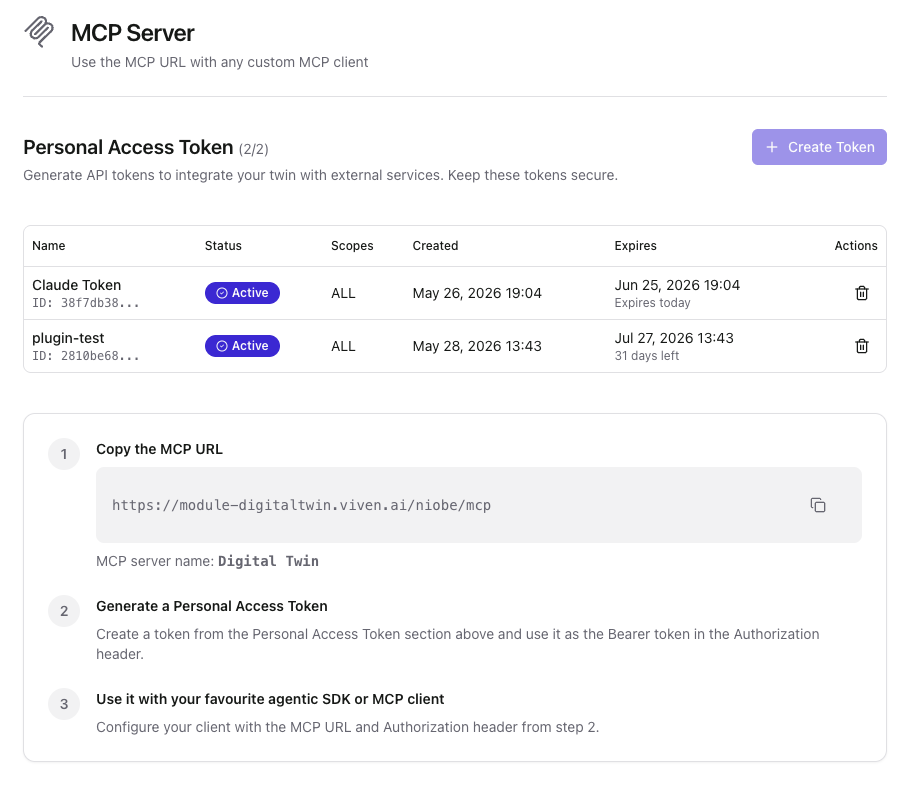MCP Server setup: Personal Access Token management and the three-step connection instructions with MCP URL