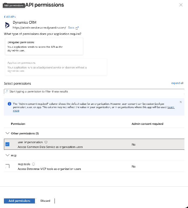 Selecting user_impersonation scope in Dynamics CRM