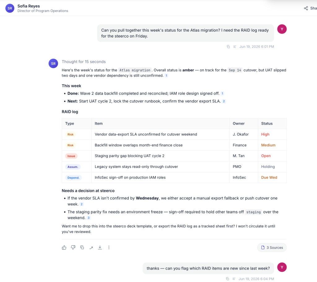 Weekly status: a prompt for a RAID report and the Twin's structured Risks, Assumptions, Issues, and Dependencies table
