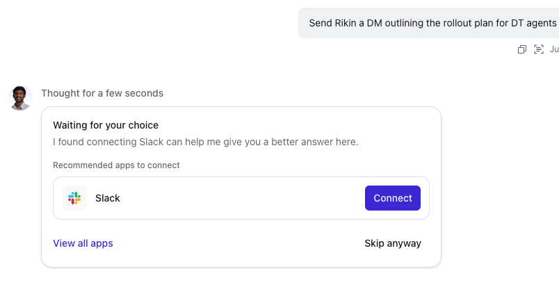 Twin prompting to connect an app mid-task