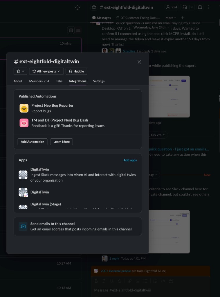 Slack channel Integrations tab showing DigitalTwin under Apps