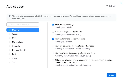 Scope configuration in Zoom app settings